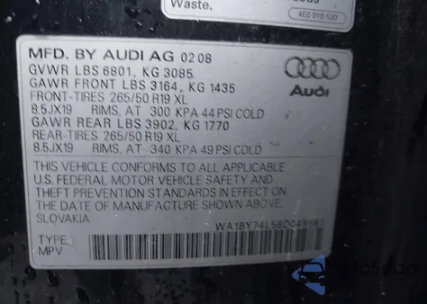 2008 Audi Q7 3.6 Premium from USA, damaged, VIN WA1BY74L58D049983